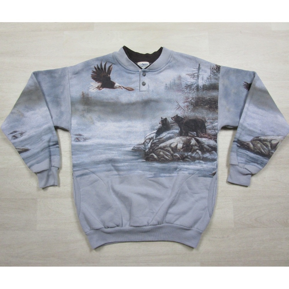 Vintage‎ 90s AOP Crewneck Sweatshirt (M) Double Collar Nature Eagle Bear